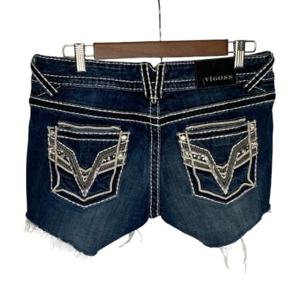 Vigoss Womens Y2K Bling Cutoff Denim Shorts Size 9/10 Low Rise Raw Hem Festival